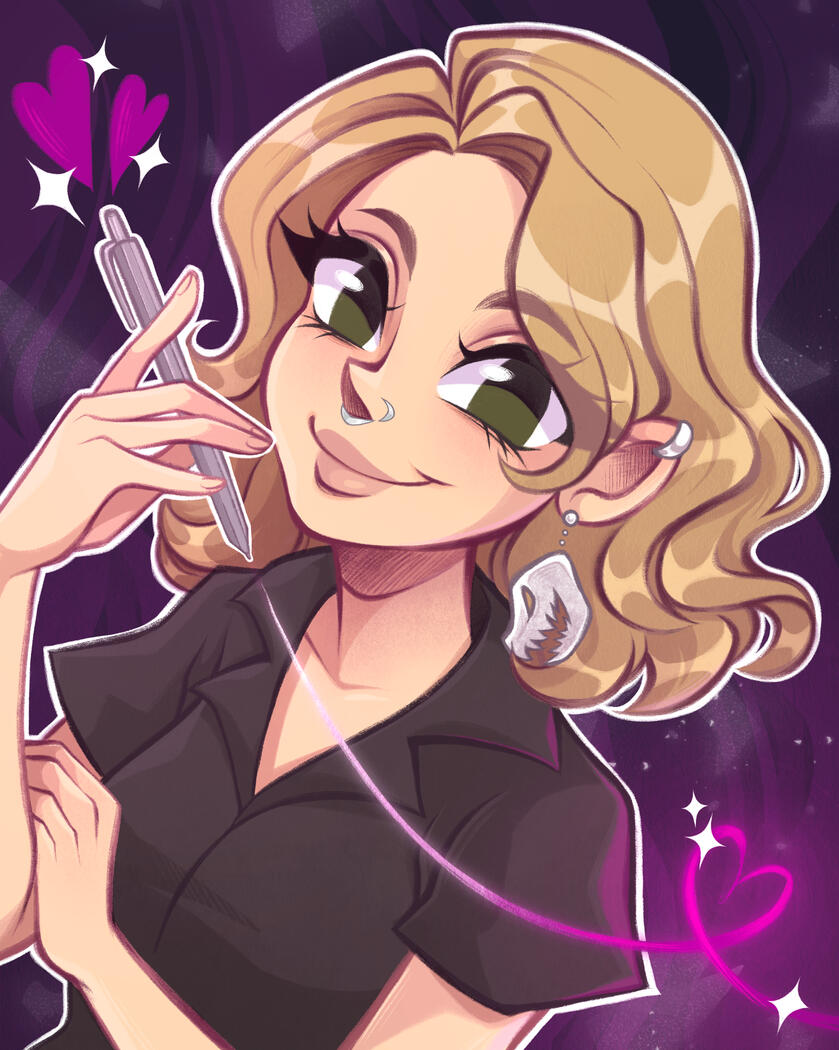 A portrait of Sass Addams in a cartoon style with a purple background. Sass is a white woman with blonde wavy hair to her shoulders, hazel eyes, and silver nostril and septum rings. She is wearing a black collared shirt and white earrings in the shape of a