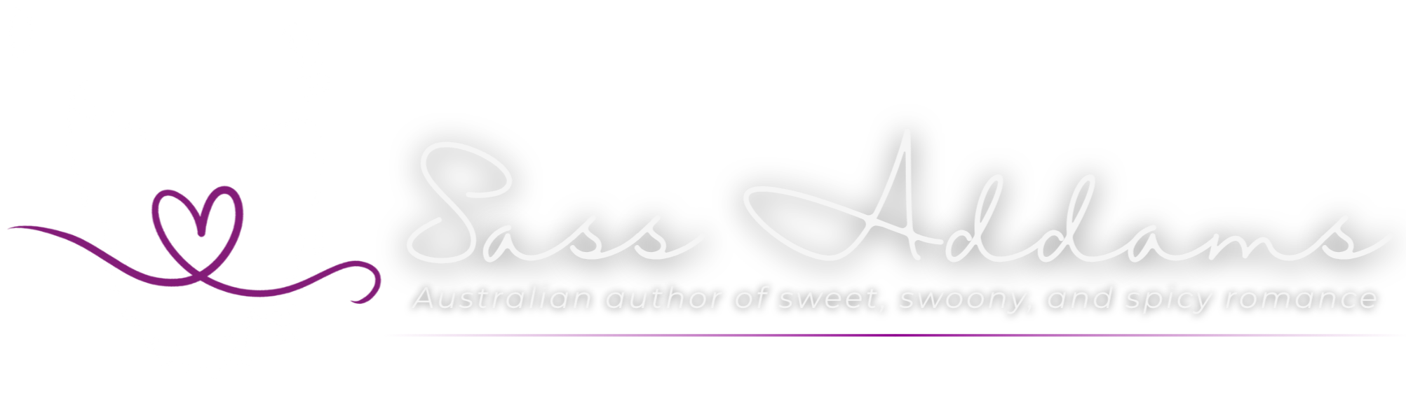 Right: Hand drawn outline of Tasmania, Australia overlaid with a flourish in the shape of a love heart. Left: text reads "Sass Addams, Australian author of sweet, swoony, and spicy romance."